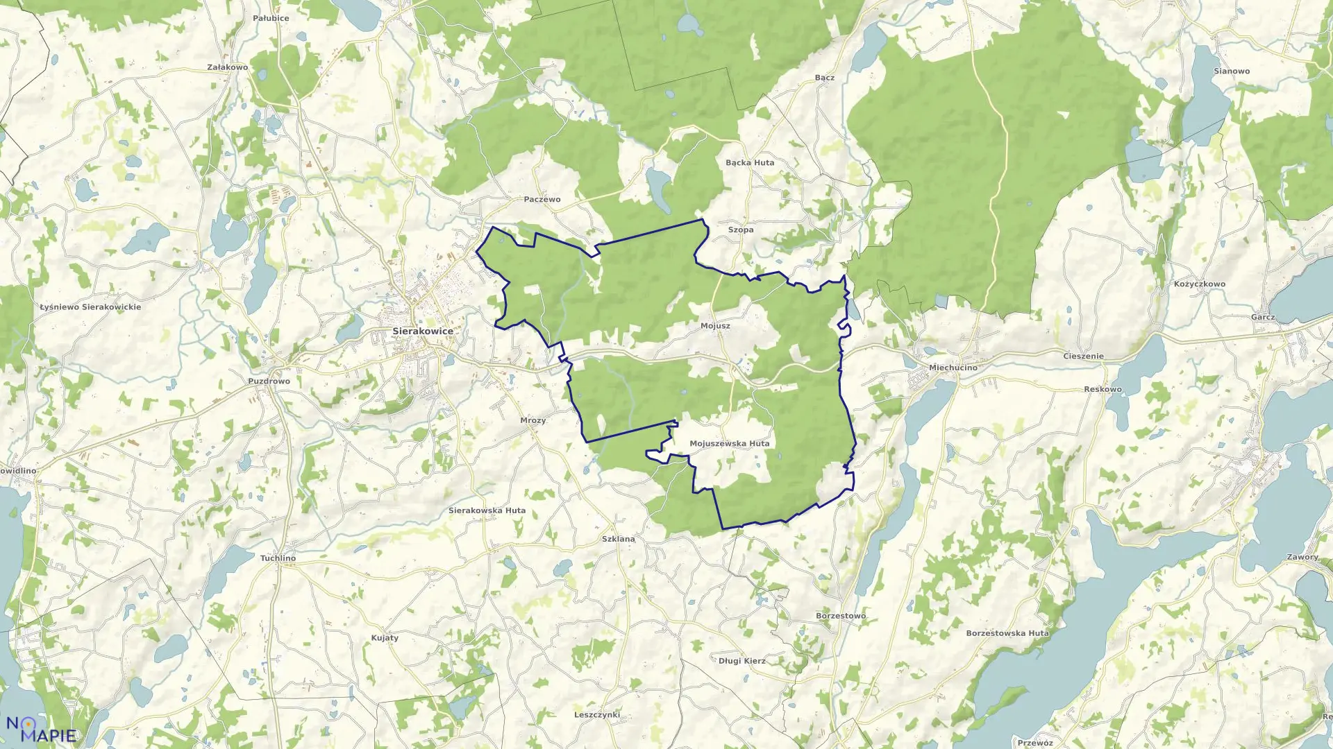 Mapa obrębu Mojusz w gminie Sierakowice